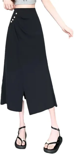 Women's Beading Split Pleated Skirts Elegant Solid Irregular High Waist Slimming A-Line Skirts