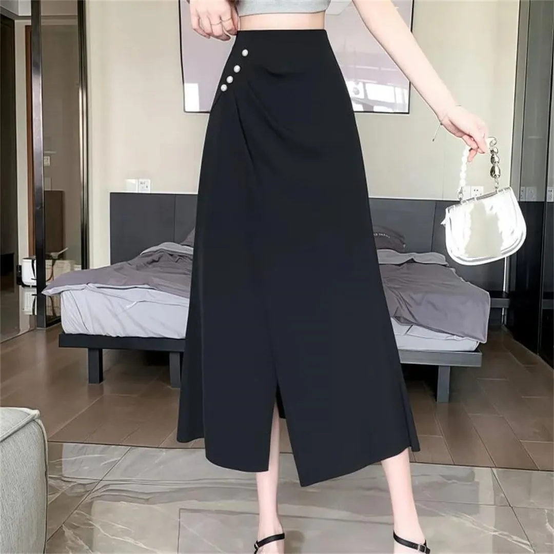 Women's Beading Split Pleated Skirts Elegant Solid Irregular High Waist Slimming A-Line Skirts