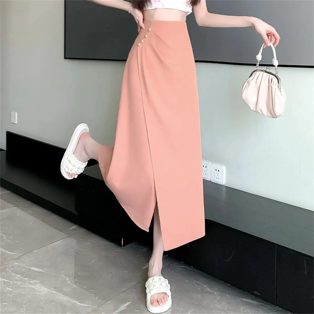Women's Beading Split Pleated Skirts Elegant Solid Irregular High Waist Slimming A-Line Skirts