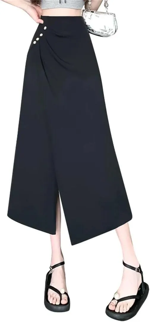 Women's Beading Split Pleated Skirts Elegant Solid Irregular High Waist Slimming A-Line Skirts