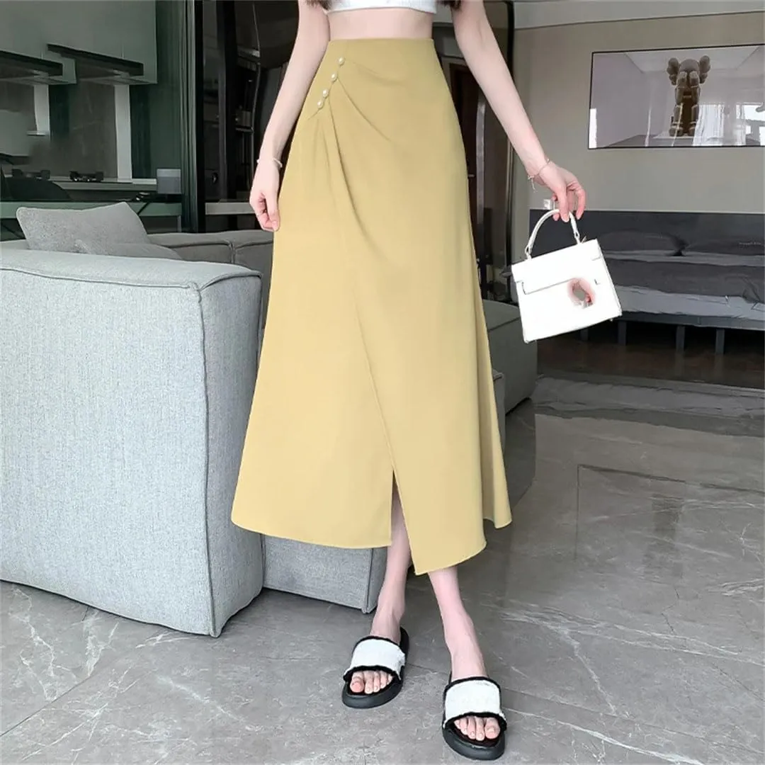 Women's Beading Split Pleated Skirts Elegant Solid Irregular High Waist Slimming A-Line Skirts