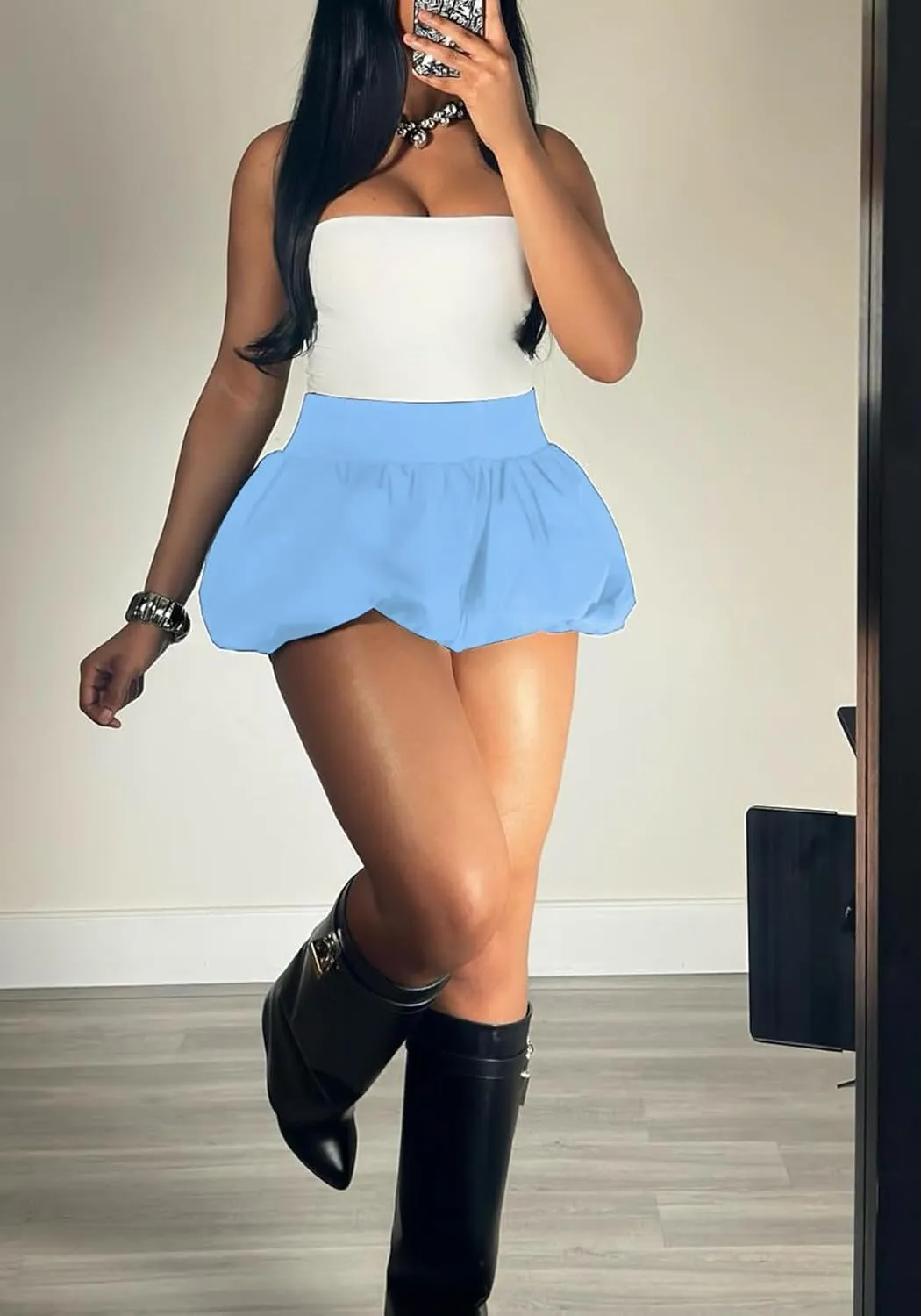 Women's Bubble Mini Skirt Y2K Pleated Ruffle High Waist Flare A Line Balloon Cute Short Skirts