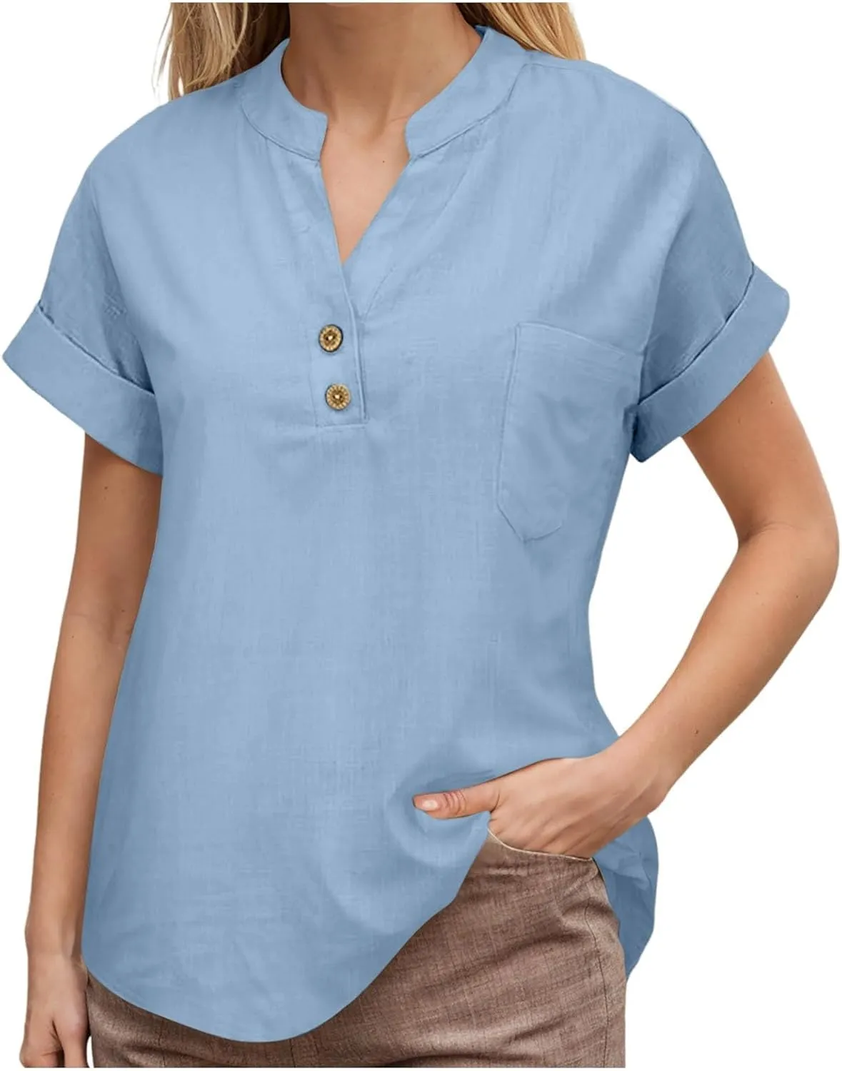 Women's Button Down Shirts Plain Solid Short Sleeve Linen Summer Casual Plus Size Blouses Top Loose T-Shirt