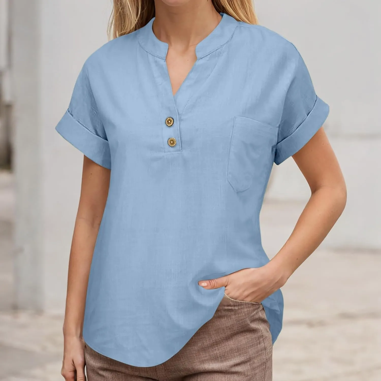 Women's Button Down Shirts Plain Solid Short Sleeve Linen Summer Casual Plus Size Blouses Top Loose T-Shirt