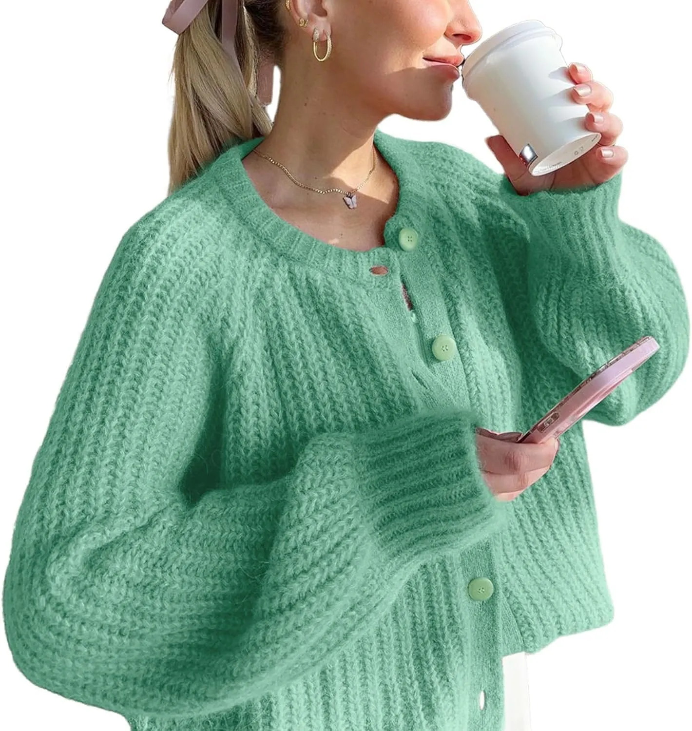 Womens Cardigan Sweater Long Sleeve Button Y2K Chunky Soft Knit Sweater Casual Open Front Outwear Knitwear Coat