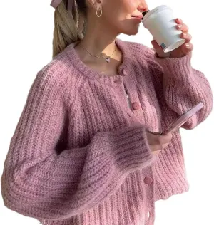 Women's Casual Long Sleeve Chunky Knit Open Front Crewneck Sweater Button Down Cardigan Outerwear Coats