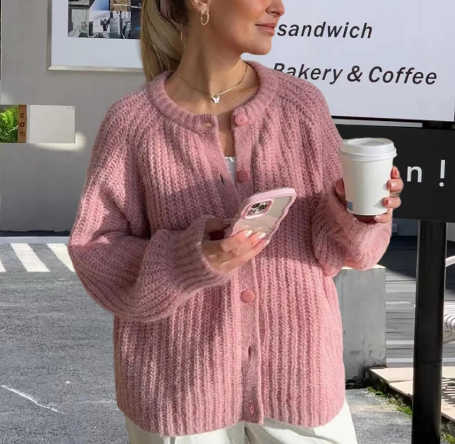 Women's Casual Long Sleeve Chunky Knit Open Front Crewneck Sweater Button Down Cardigan Outerwear Coats