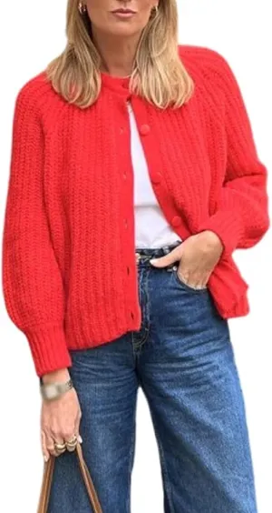 Women's Casual Long Sleeve Chunky Knit Open Front Crewneck Sweater Button Down Cardigan Outerwear Coats