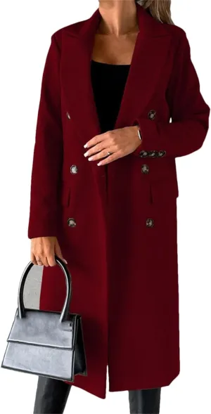 Women's Casual Long Sleeve Coat Wool Blend LApel Double Breasted Warm Mid-Length Coat Jacket