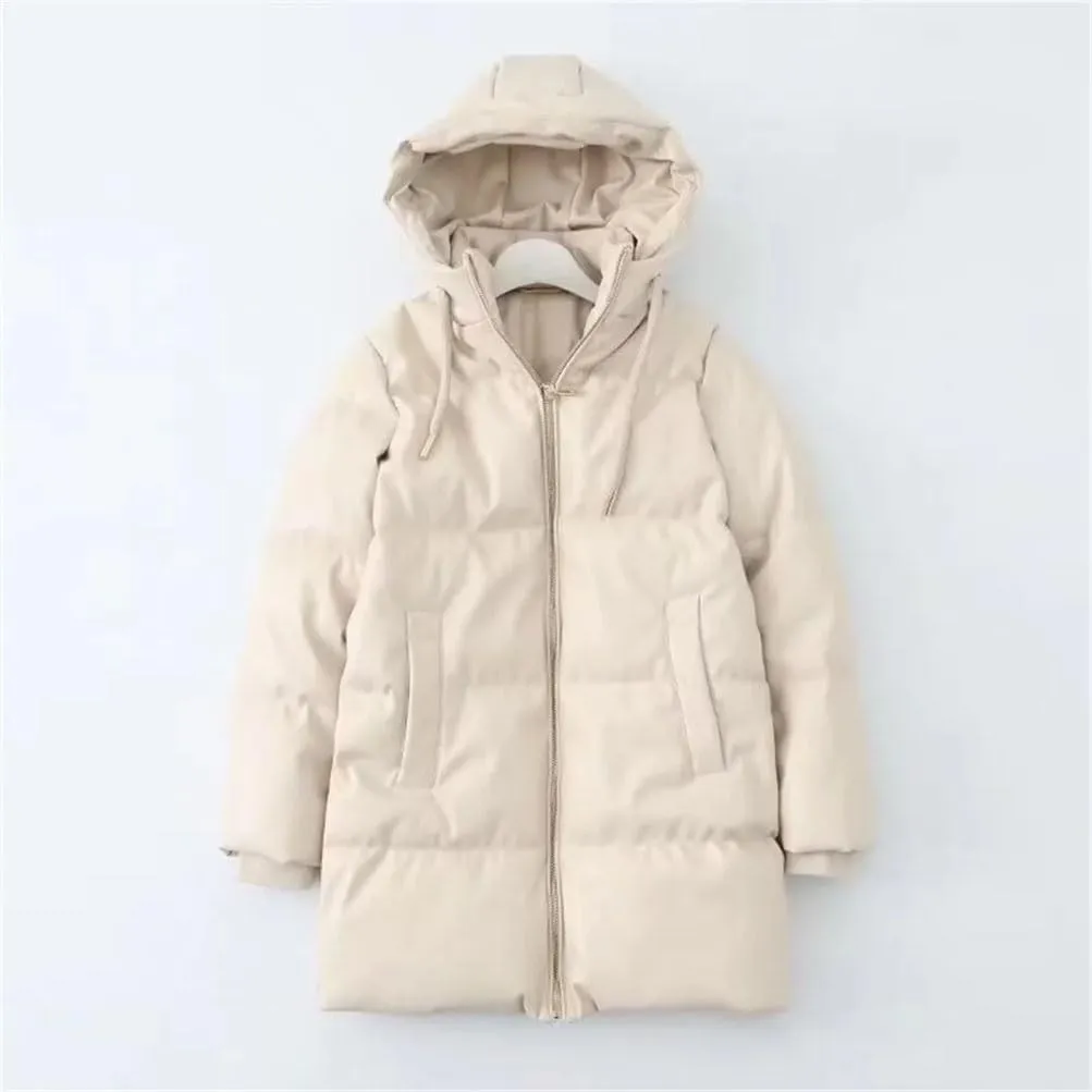 Women's Casual Solid Color Hooded Cotton Jacket Long Sleeved Loose Winter Down Puffer Coats