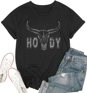 Womens Cow Skull Shirt Cowgirl Country Concert Tshirt Vintage Western Rodeo Graphic Tee Short Sleeve Casual Summer Top