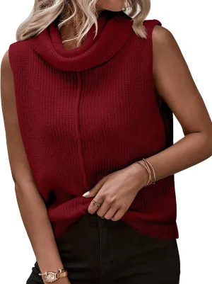 Womens Cowl Neck Knit Sweater Vest Sleeveless Casual Solid Trendy Turtleneck Ribbed Pullover Tank Tops