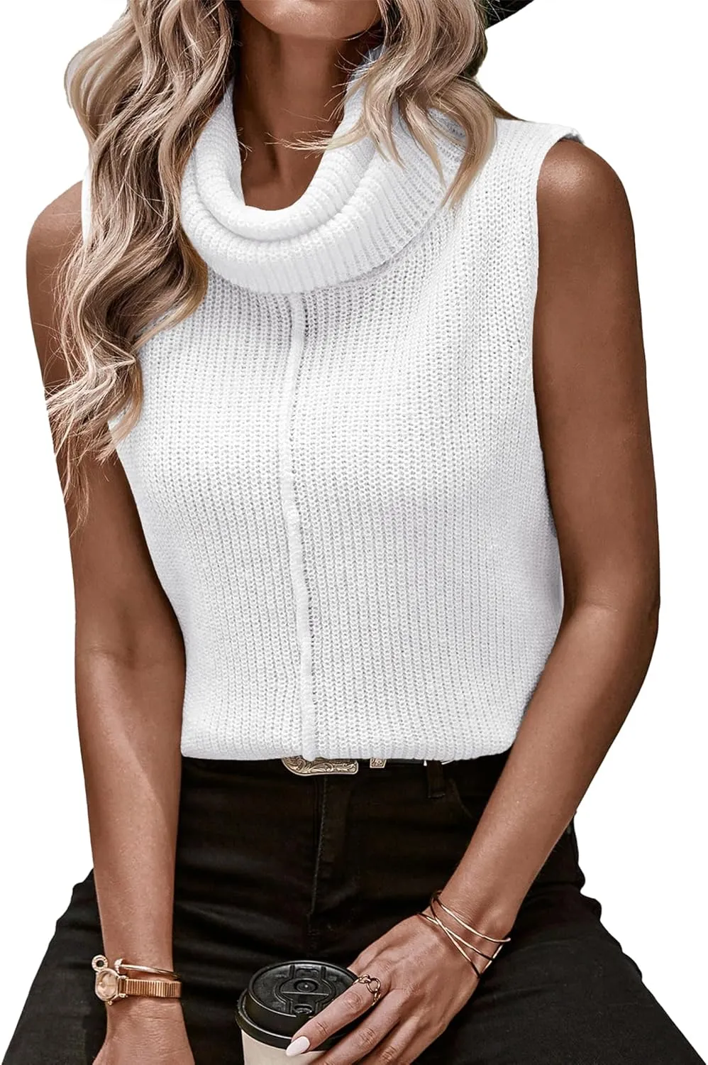 Womens Cowl Neck Knit Sweater Vest Sleeveless Casual Solid Trendy Turtleneck Ribbed Pullover Tank Tops