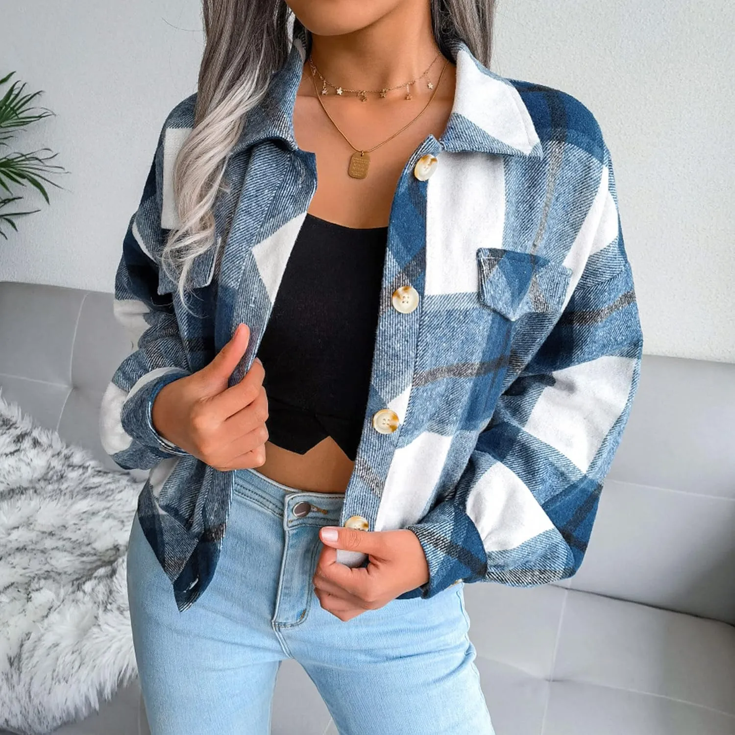 Womens Cropped Flannel Plaid Jacket Fashion Button Down Wool Blend Coat Long Sleeve Shacket Shirts Tops