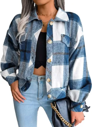 Womens Cropped Flannel Plaid Jacket Fashion Button Down Wool Blend Coat Long Sleeve Shacket Shirts Tops