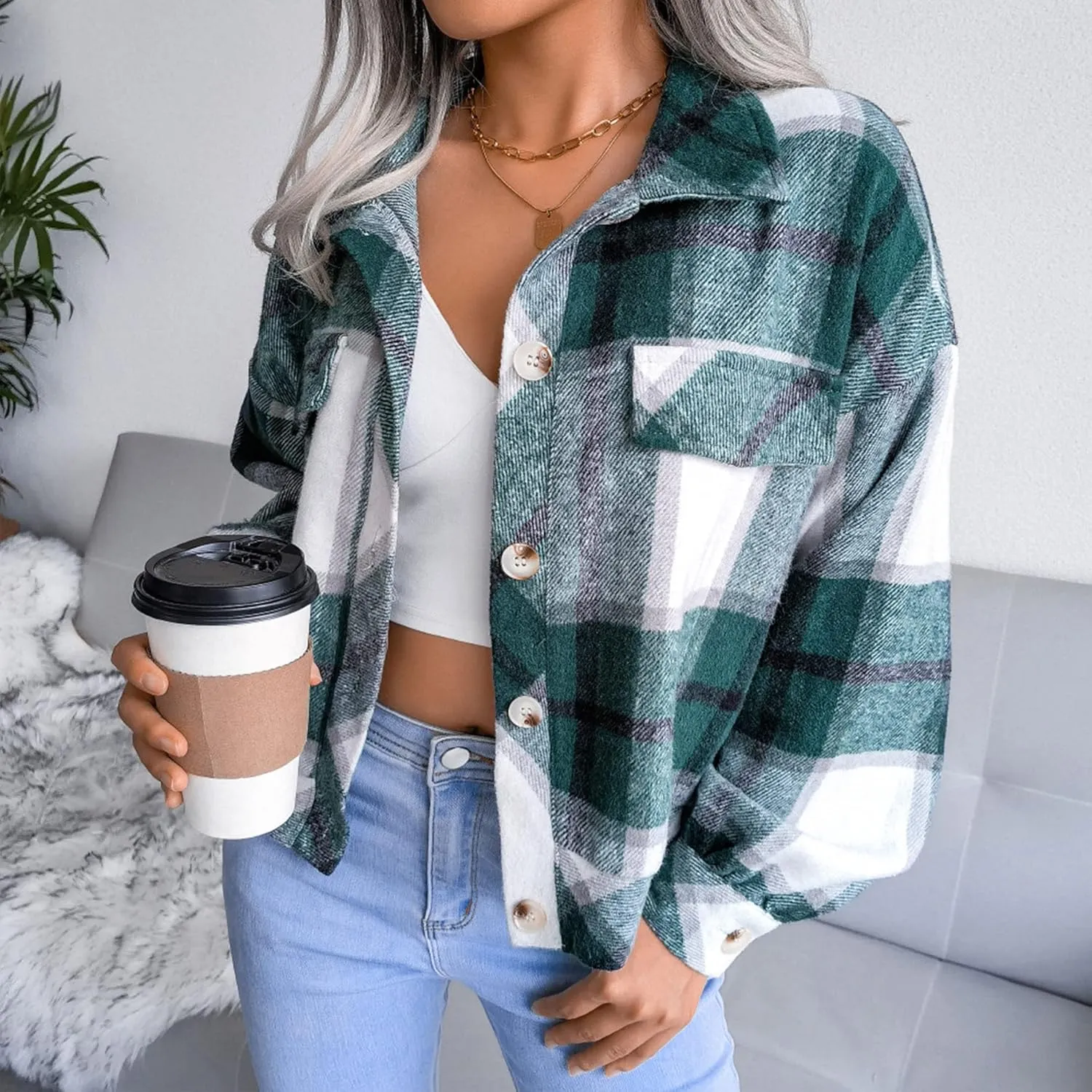 Womens Cropped Flannel Plaid Jacket Fashion Button Down Wool Blend Coat Long Sleeve Shacket Shirts Tops
