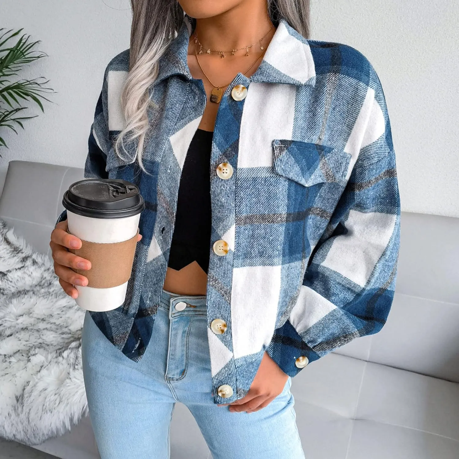 Womens Cropped Flannel Plaid Jacket Fashion Button Down Wool Blend Coat Long Sleeve Shacket Shirts Tops