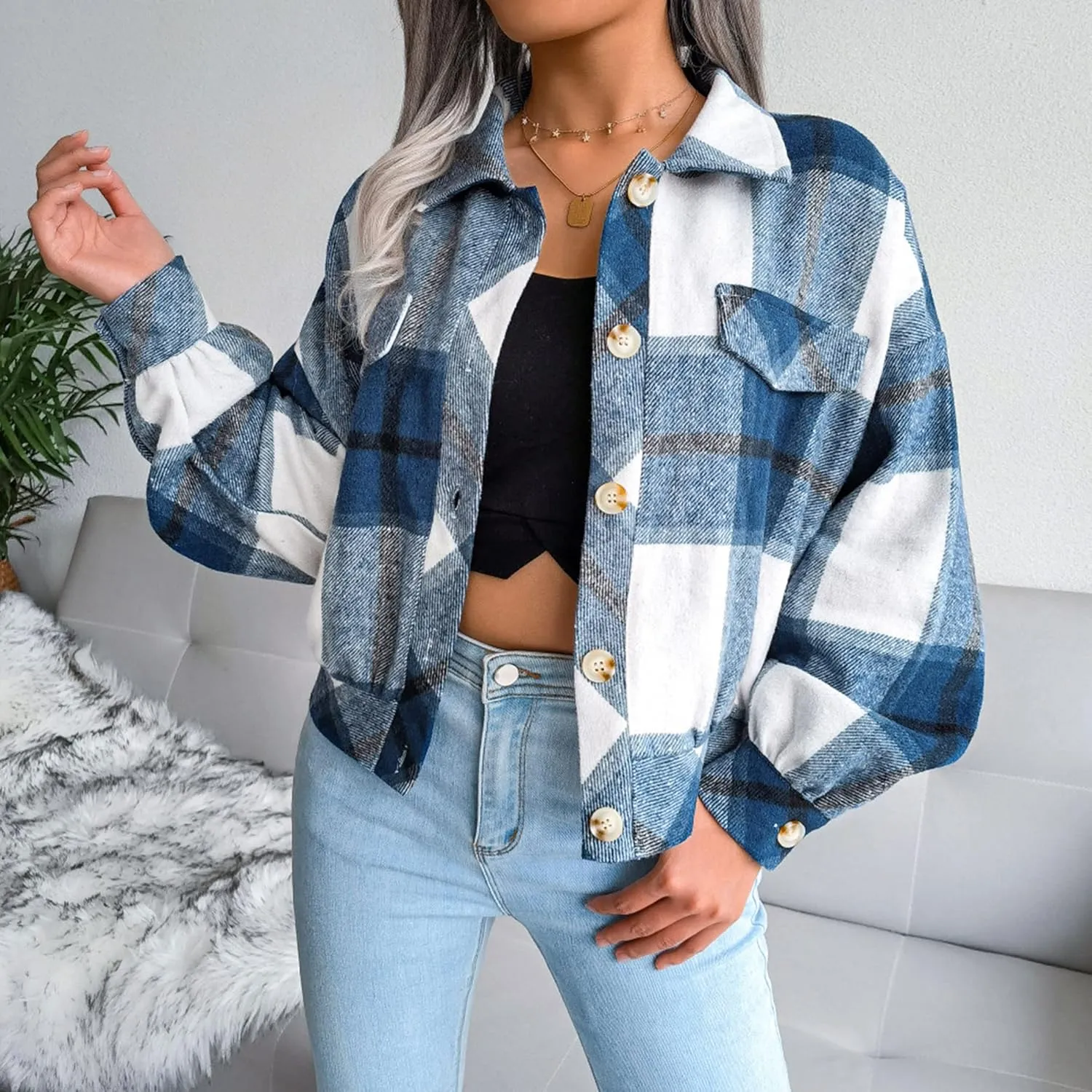 Womens Cropped Flannel Plaid Jacket Fashion Button Down Wool Blend Coat Long Sleeve Shacket Shirts Tops