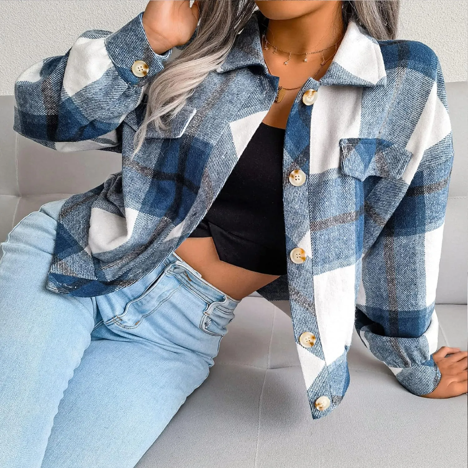 Womens Cropped Flannel Plaid Jacket Fashion Button Down Wool Blend Coat Long Sleeve Shacket Shirts Tops