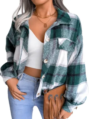 Womens Cropped Flannel Plaid Jacket Fashion Button Down Wool Blend Coat Long Sleeve Shacket Shirts Tops