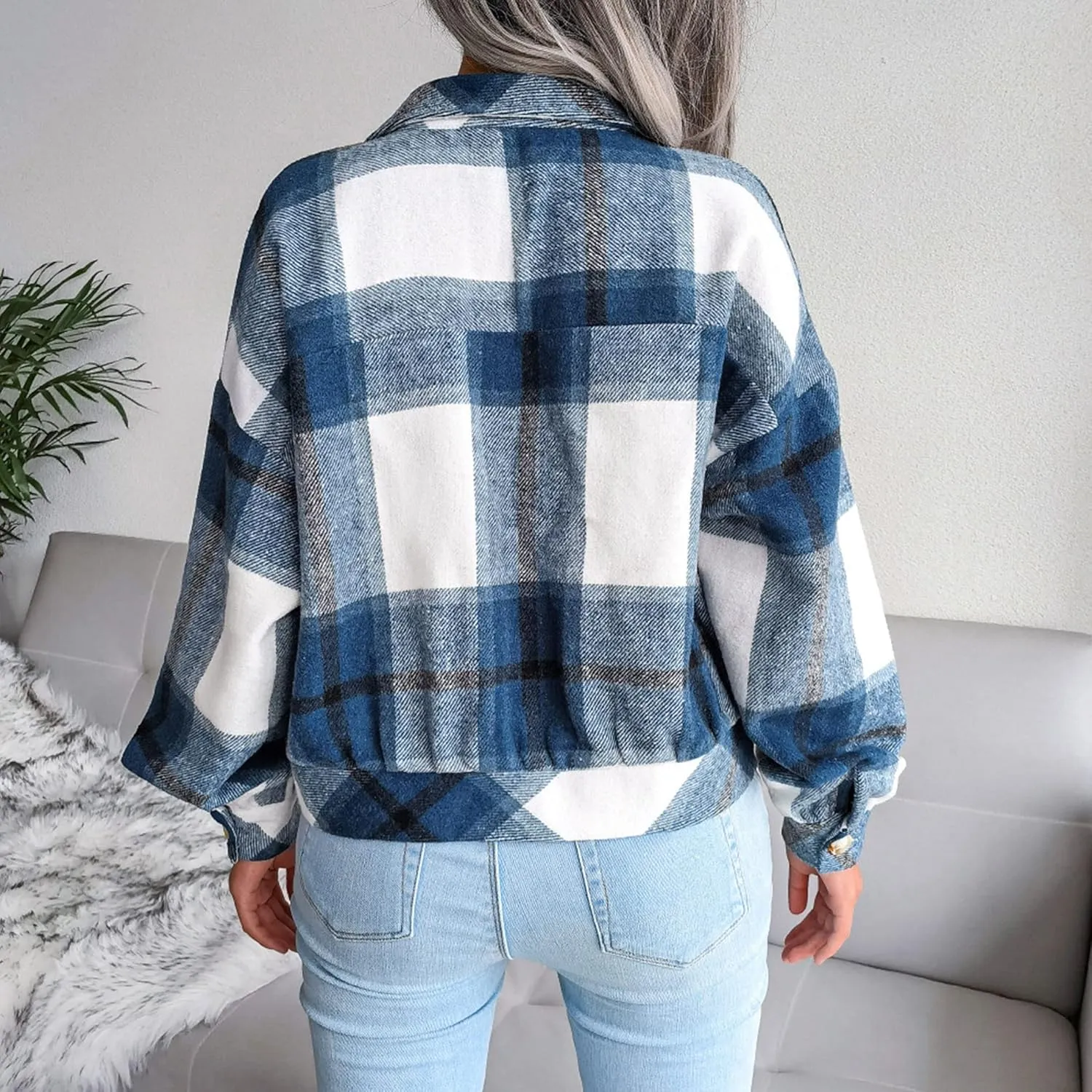 Womens Cropped Flannel Plaid Jacket Fashion Button Down Wool Blend Coat Long Sleeve Shacket Shirts Tops
