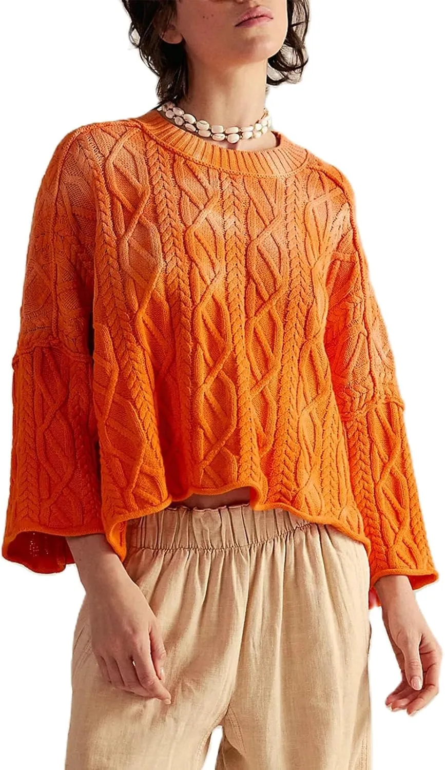 Womens Cropped Sweaters Crewneck 3/4 Sleeve Oversized Sweater Tie Dye Casual Y2k Lightweight Knit Tops Summer Pullover