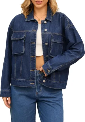 Women's Denim Jacket Button Down Cargo Pockets Casual Denim Shacket Western Outfits 2025 Jean Jackets
