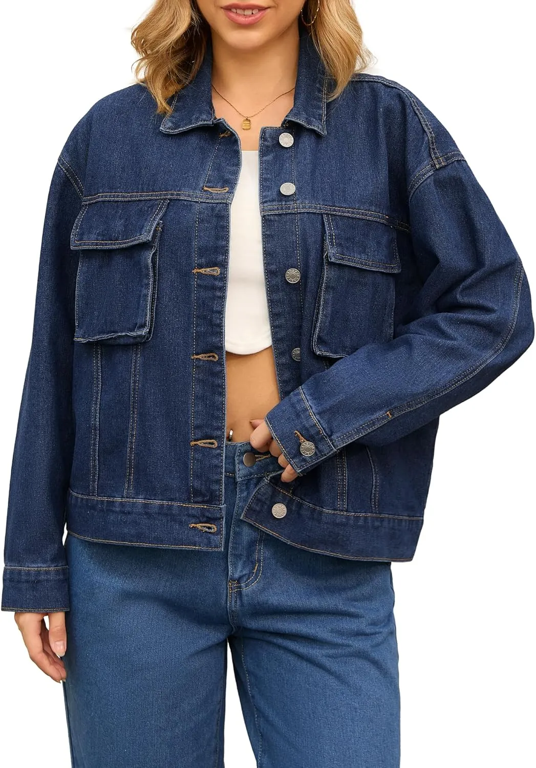 Women's Denim Jacket Button Down Cargo Pockets Casual Denim Shacket Western Outfits 2025 Jean Jackets