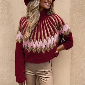 Womens Fair Isle Pattern Sweaters Long Sleeve Oversized Turtleneck Pullover Vintage Casual Loose Printed Knitted Sweater Tops