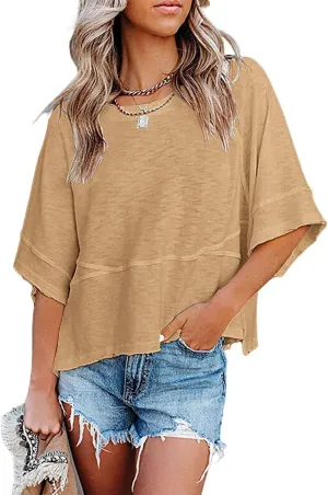 Women's Fashion Casual T Shirt Round Collar 3/4 Sleeve Plain Color Tees Summer Tops Blouses