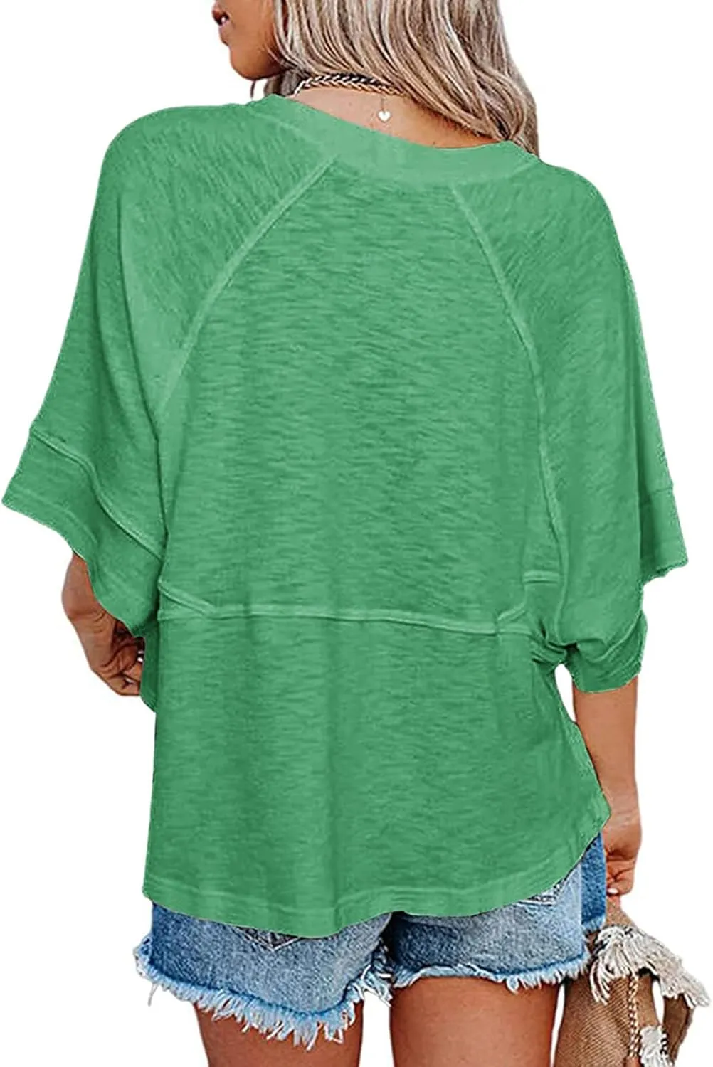 Women's Fashion Casual T Shirt Round Collar 3/4 Sleeve Plain Color Tees Summer Tops Blouses