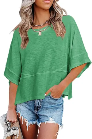 Women's Fashion Casual T Shirt Round Collar 3/4 Sleeve Plain Color Tees Summer Tops Blouses