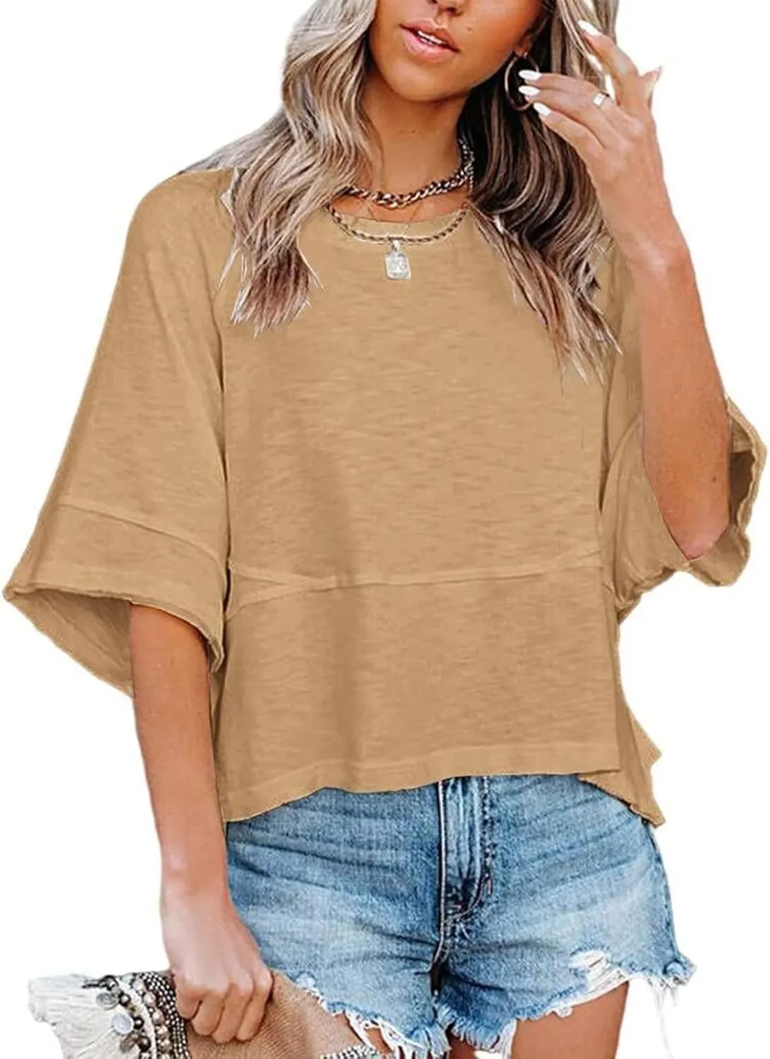 Women's Fashion Casual T Shirt Round Collar 3/4 Sleeve Plain Color Tees Summer Tops Blouses