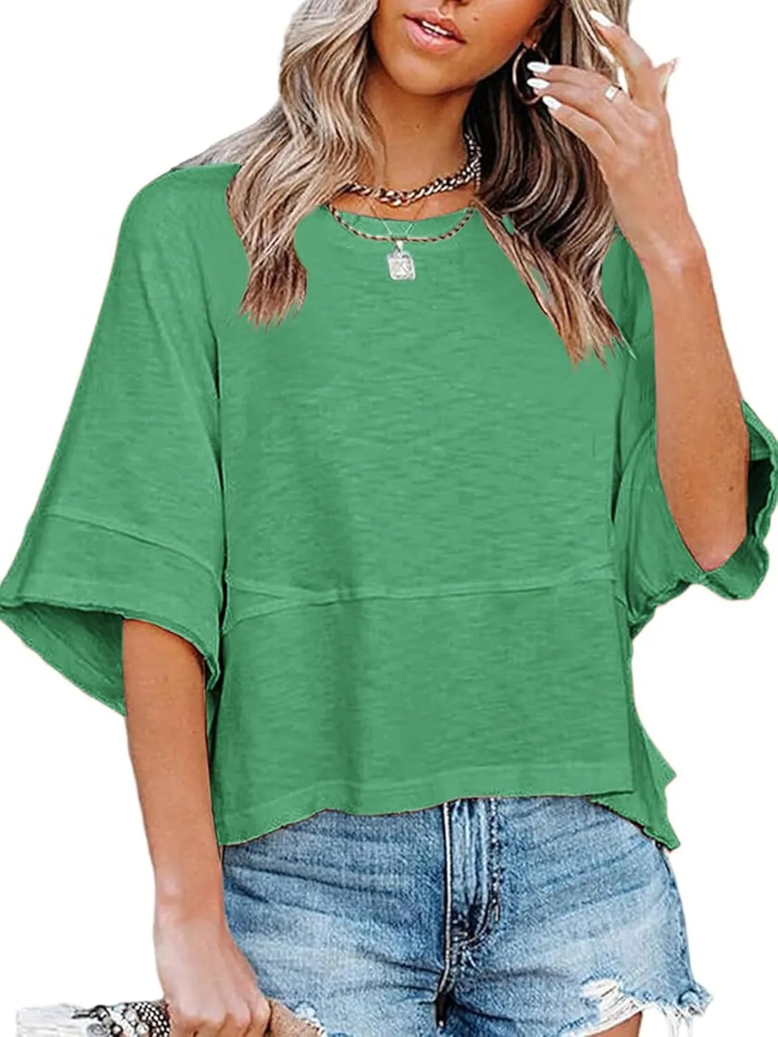 Women's Fashion Casual T Shirt Round Collar 3/4 Sleeve Plain Color Tees Summer Tops Blouses
