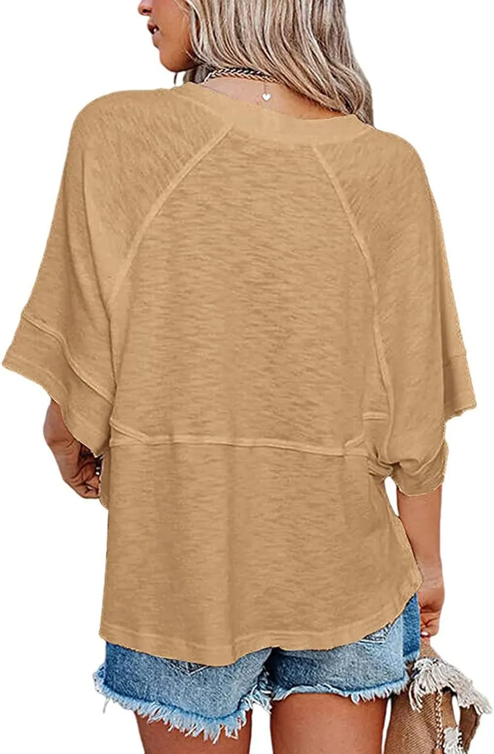 Women's Fashion Casual T Shirt Round Collar 3/4 Sleeve Plain Color Tees Summer Tops Blouses