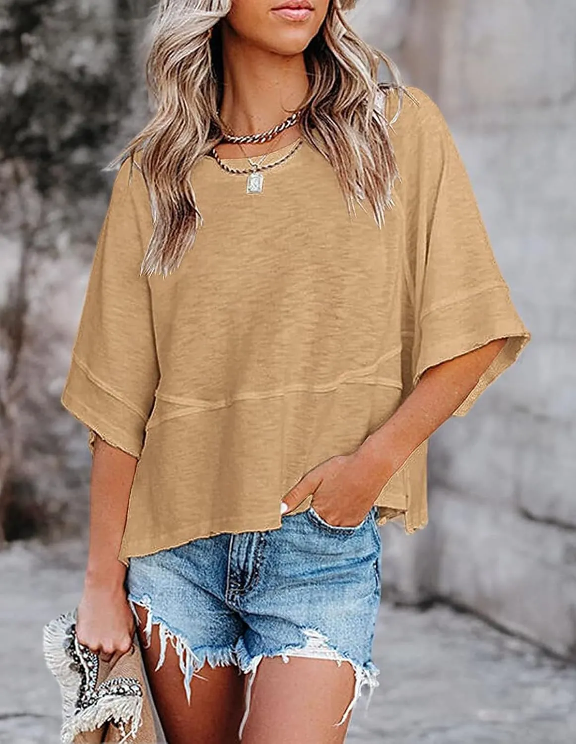 Women's Fashion Casual T Shirt Round Collar 3/4 Sleeve Plain Color Tees Summer Tops Blouses