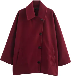 Womens Fashion Pea Coats Single Breasted Batwing Sleeve Classic Fall Wool Cape Blend Jacket Outerwear with Pockets