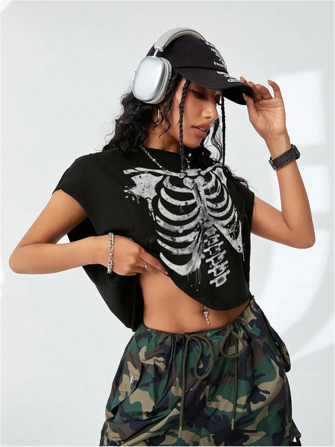 Women's Gothic Skull Print Cap Sleeve T Shirt Crew Neck Oversized Crop Tee Tops