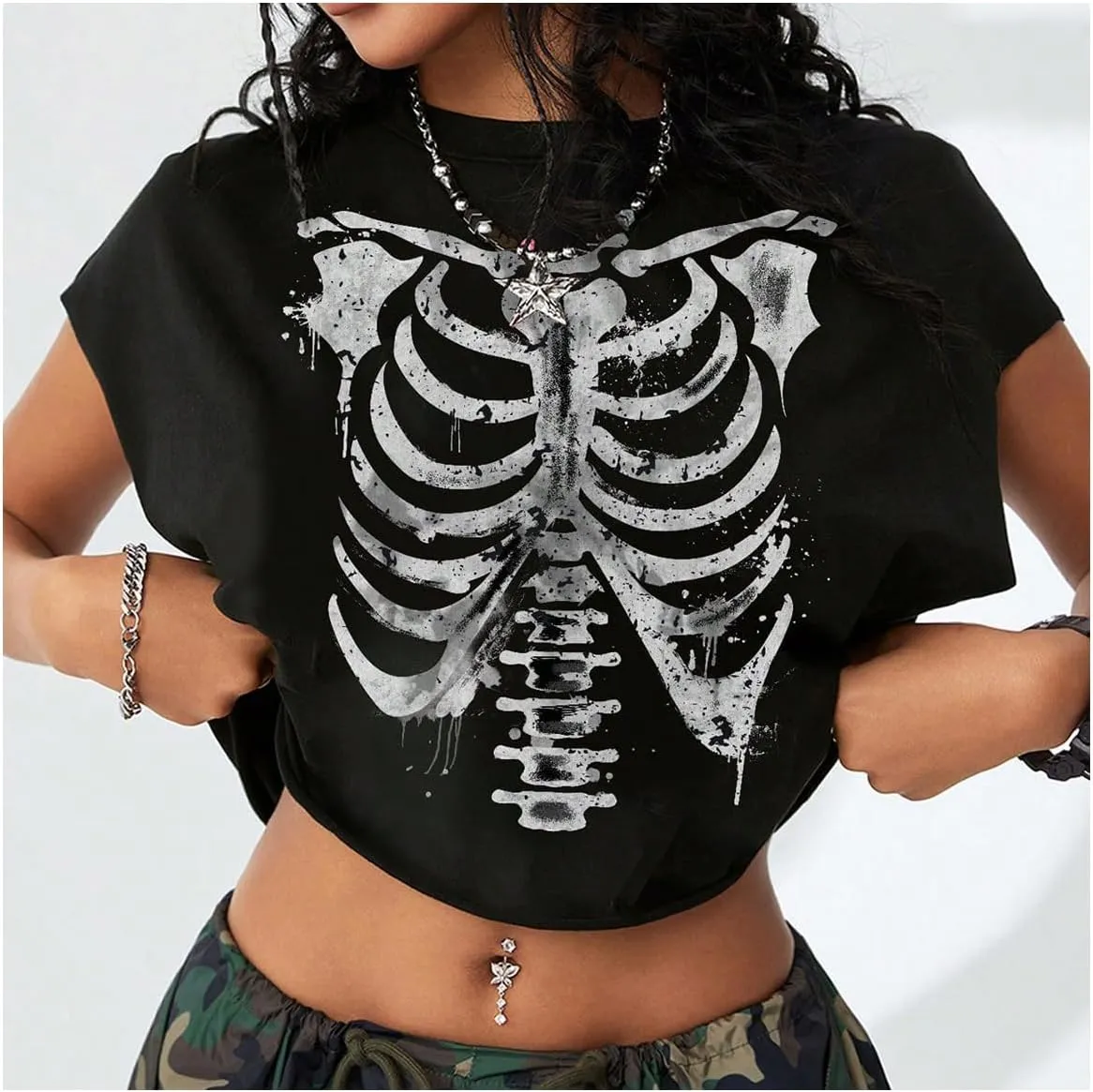 Women's Gothic Skull Print Cap Sleeve T Shirt Crew Neck Oversized Crop Tee Tops