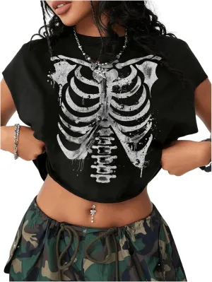 Women's Gothic Skull Print Cap Sleeve T Shirt Crew Neck Oversized Crop Tee Tops
