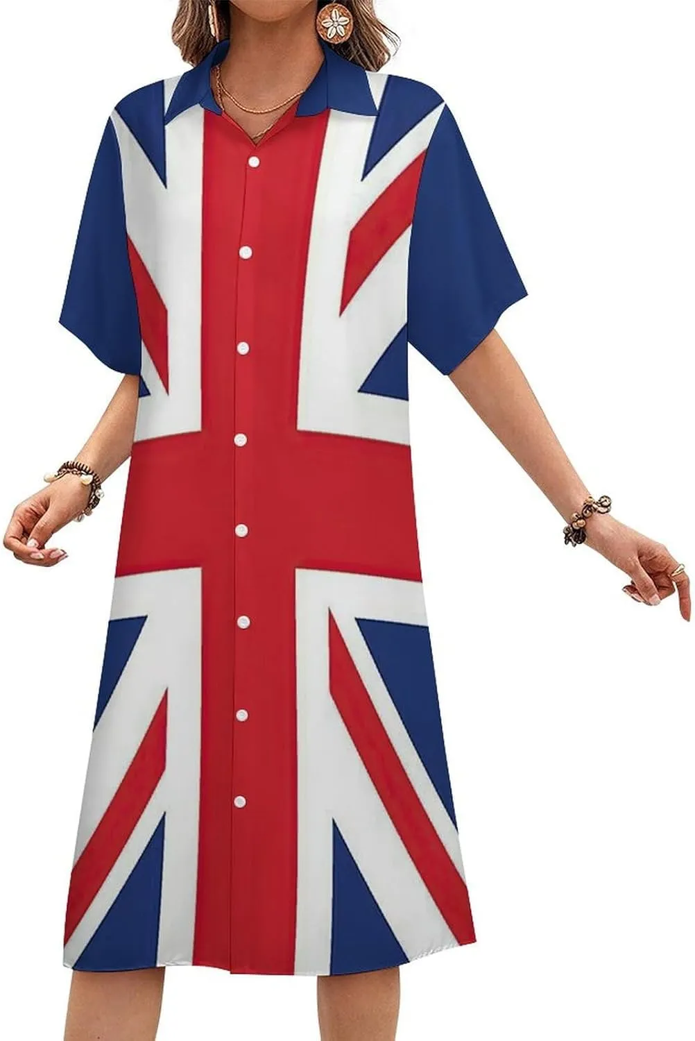 Women's Hawaii Flag Shirt Dress Collar V-Neck Button Down Simple Short Sleeve Long Dresses