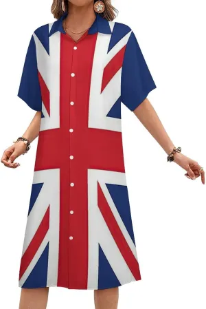 Women's Hawaii Flag Shirt Dress Collar V-Neck Button Down Simple Short Sleeve Long Dresses