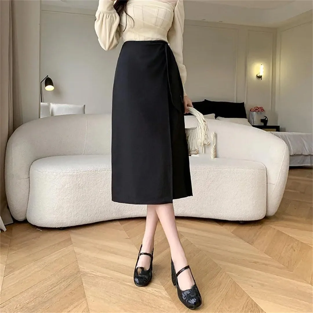 Women's Irregular Bow Mid Length Skirts High Waist Buttons Decoration A-Line Long Skirts