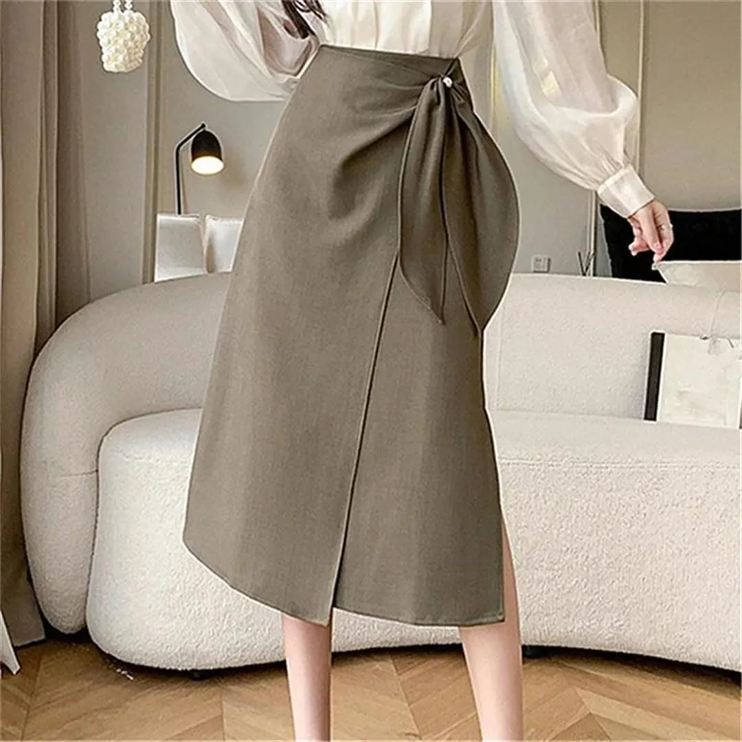 Women's Irregular Bow Mid Length Skirts High Waist Buttons Decoration A-Line Long Skirts