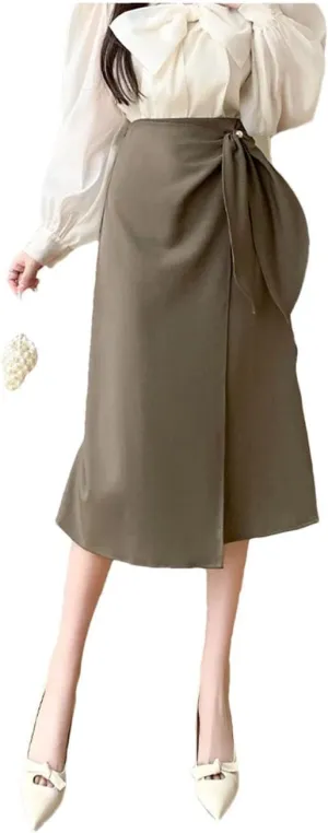 Women's Irregular Bow Mid Length Skirts High Waist Buttons Decoration A-Line Long Skirts