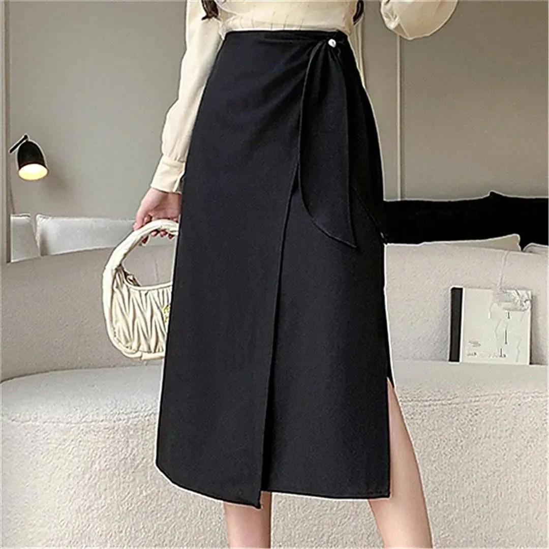 Women's Irregular Bow Mid Length Skirts High Waist Buttons Decoration A-Line Long Skirts