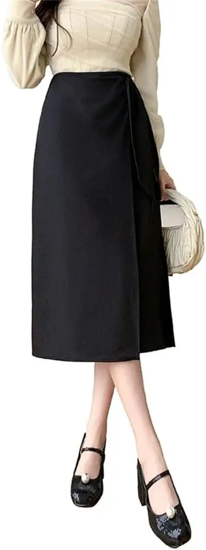 Women's Irregular Bow Mid Length Skirts High Waist Buttons Decoration A-Line Long Skirts