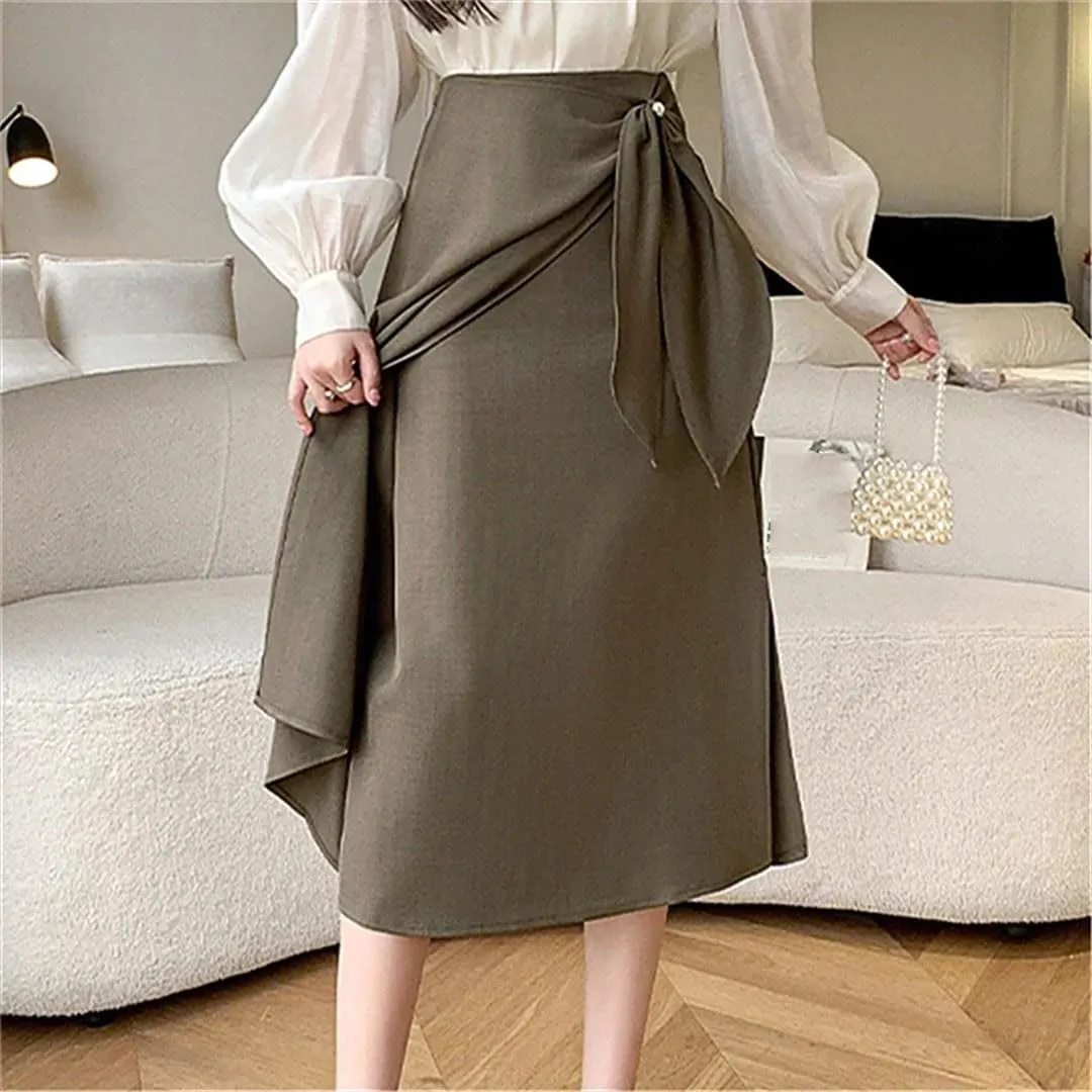 Women's Irregular Bow Mid Length Skirts High Waist Buttons Decoration A-Line Long Skirts