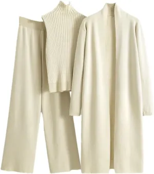 Women's Knit 3 Piece Lounge Set Long Knit Cardigan Wide Leg Pant And Mock Neck Vest Set Ladies Sweater Suits