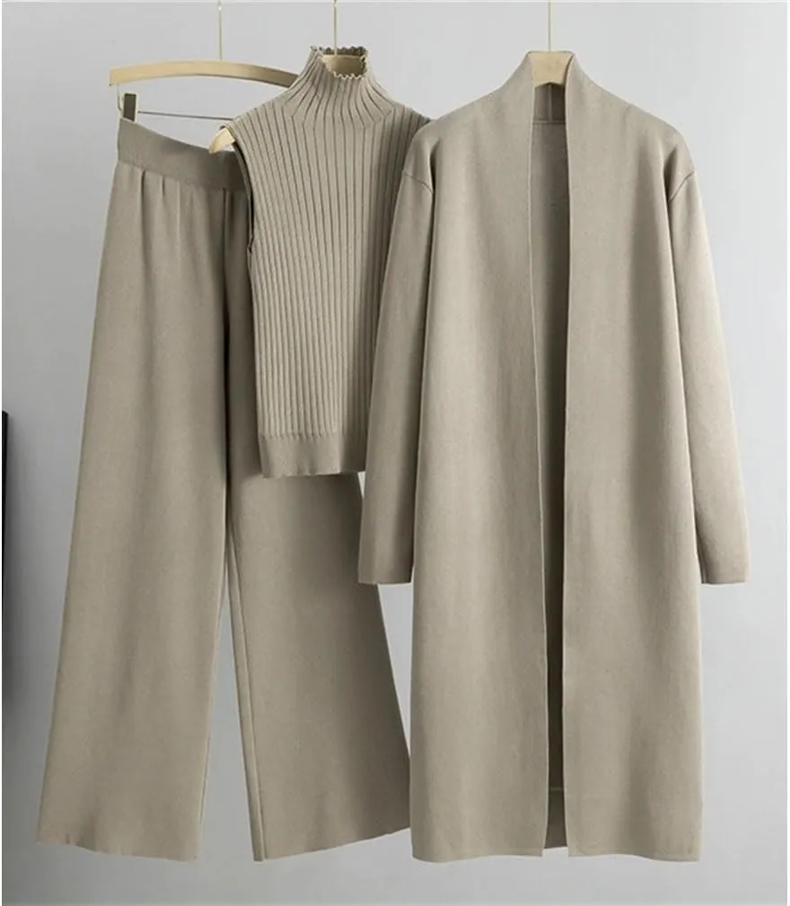 Women's Knit 3 Piece Lounge Set Long Knit Cardigan Wide Leg Pant And Mock Neck Vest Set Ladies Sweater Suits